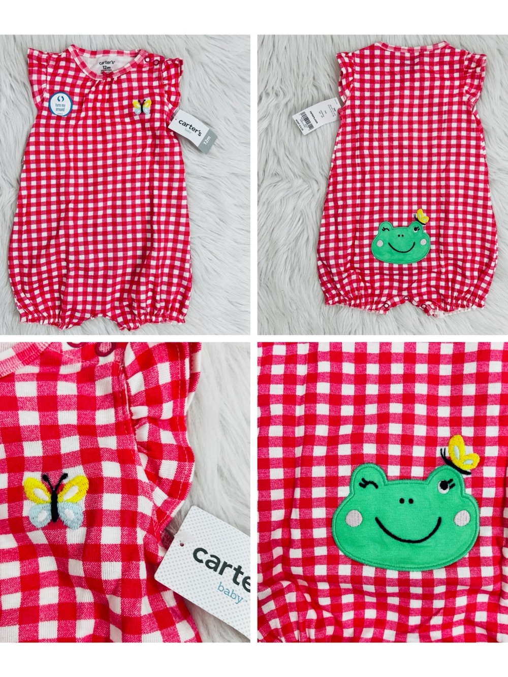 NWT! Carter's Baby Girl's Bubble Romper Size 12 Months 1 Piece Pink Gingham Frog
